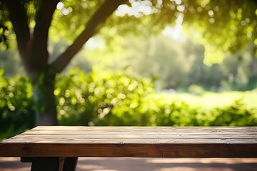 Fototapeta premium Rustic wooden table in nature. Blank board for summer and spring creations surrounded by greenery and bathed in sunlight