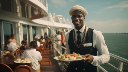 Portrait of an African-American man holding a tray with luxurious dishes intended for passengers traveling on a luxury liner during the summer holidays.  - obrazy, fototapety, plakaty