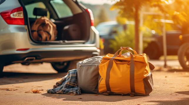 Preparing for a family road trip with packed bags and excitement, family routine, blurred background, with copy space