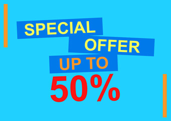 On blue background. Sales poster with up to fifty percent discount.