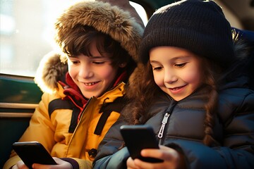 Joyful and excited kids engaged in smartphone activities while riding in the back seat of a car