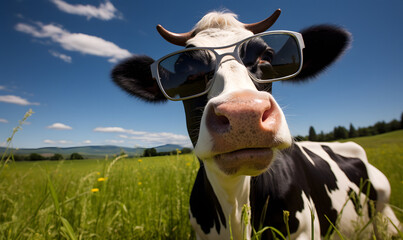 A cow wearing sunglass for a commercial advertisement image