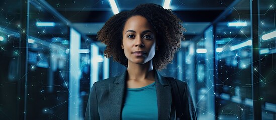 Black woman IT expert in warehouse data center, managing SAAS and cloud web services as a digital entrepreneur in e-business.