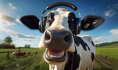 A cow wearing headphones for a commercial advertisement image