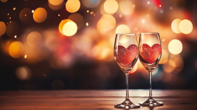 A Picture of Two Glasses of Champagne on Valentine's Day. Bright Background