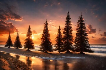 sunset at beach with Christmas trees