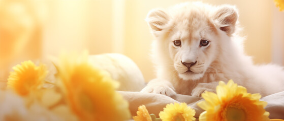 filhote de leão albino e flores amarelas com luz amarela no fundo - Papel de parede - obrazy, fototapety, plakaty