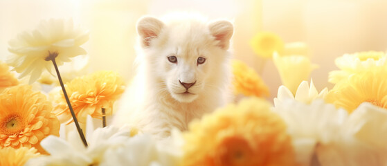 filhote de leão albino e flores amarelas com luz amarela no fundo - Papel de parede
