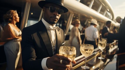 A handsome young African American man in stylish clothes stands on the open deck of a cruise ship or liner, holding a beautiful cocktail glass in his hands. 