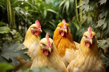 Domestic yellow chickens in the garden