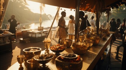 Restaurant on the ship with sea view. A serving table on a pleasure boat with glasses of champagne and fruit , in the background passengers strolling along the deck . A cruise ship in the Congo . - obrazy, fototapety, plakaty