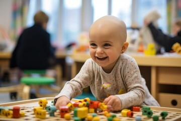 An adorable baby undergoes cancer treatment in a hospital. The brave toddler smiles and plays with toys, he does not give up and is confident of victory over the terrible disease. - obrazy, fototapety, plakaty