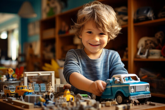 A little Caucasian boy sits at the table in his cozy room and plays with a construction set. Happy smart kid assembling a working model of a truck. Play and learn concept.