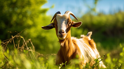 The gaze of amazement is a goat., photography, Nikon d850 --ar 16:9 --style raw --v 5.2 Job ID: 01c - obrazy, fototapety, plakaty