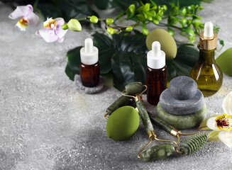 Guasha massage tools and aroma oils, spa concept