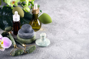 Guasha massage tools and aroma oils, spa concept