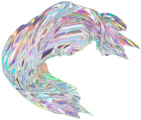 3D Metallic chrome swirl shape, iridescent abstract twist holographic form - 693493064