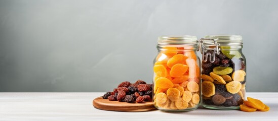 Dried fruit variety in glass jar on table.