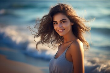 Portrait of the attractive caucasian young woman with wind fluttering hair on summer beach at sunset close up. Health, relaxation, travel concept