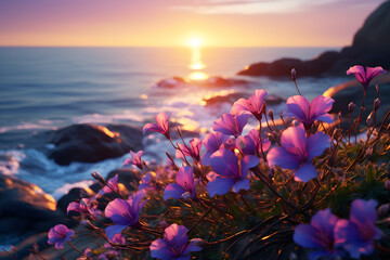 A Dreamy Scene of Violets Blooming Against a Sunset Sky and Distant Sea, Captured with a Wide-Angle Focus Lens in Unreal Engine.
