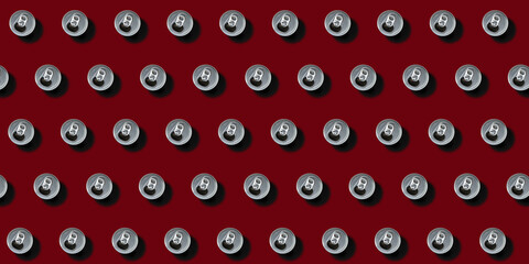 Top view, repeat pattern of rows of drink cans standing against red background