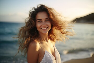 Beautiful smilling young woman with wind fluttering hair on summer beach at sunset close up. Health, relaxation, travel concept