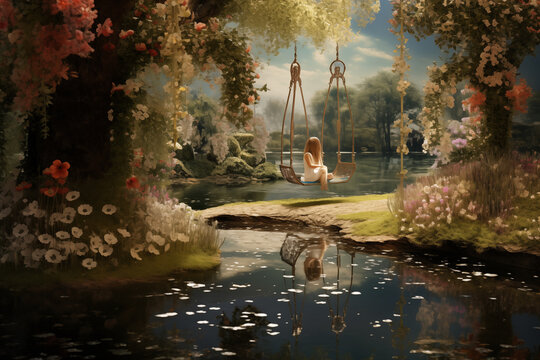 painting of a little girl in a white dress on a swing in a colorful garden with lots of flowers and a lake