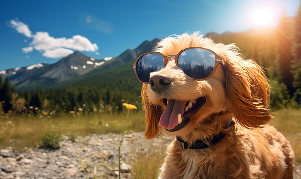 Happy dog wearing sunglass for a commercial advertisement image