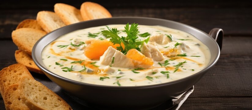 Creamy fish chowder with haddock, cod, potato, onion, parsley, and crackers.
