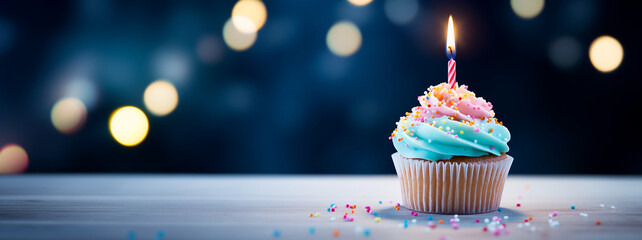 Cupcake mit Kerze zum Geburtstag, Geburtstagskarte, Platz für Text, generative AI	 - obrazy, fototapety, plakaty
