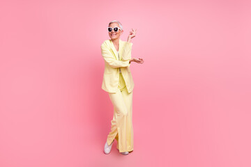 Full size body photo of cool funky elderly businesswoman glamour clothing suit boogie woogie...