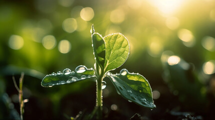 A young plant with a drop of water in the sun, a growing plant grows. Selective focus. Generative AI,