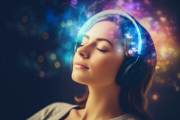 Sound therapy concept - relax female wears headphones, neurosience background