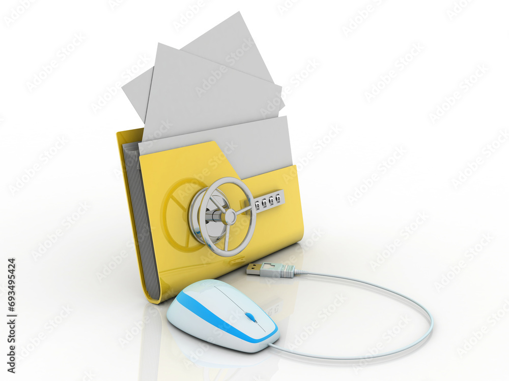 Poster 3d rendering yellow folder protection lock connected mouse . data security concept