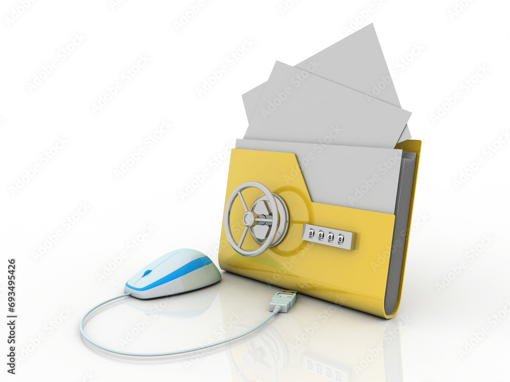 Poster 3d rendering yellow folder protection lock connected mouse . data security concept