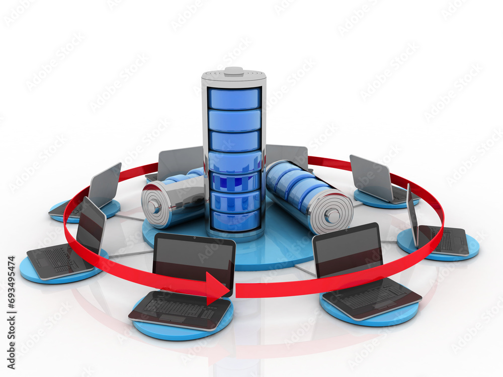 Poster 3d rendering technology computer network with battery