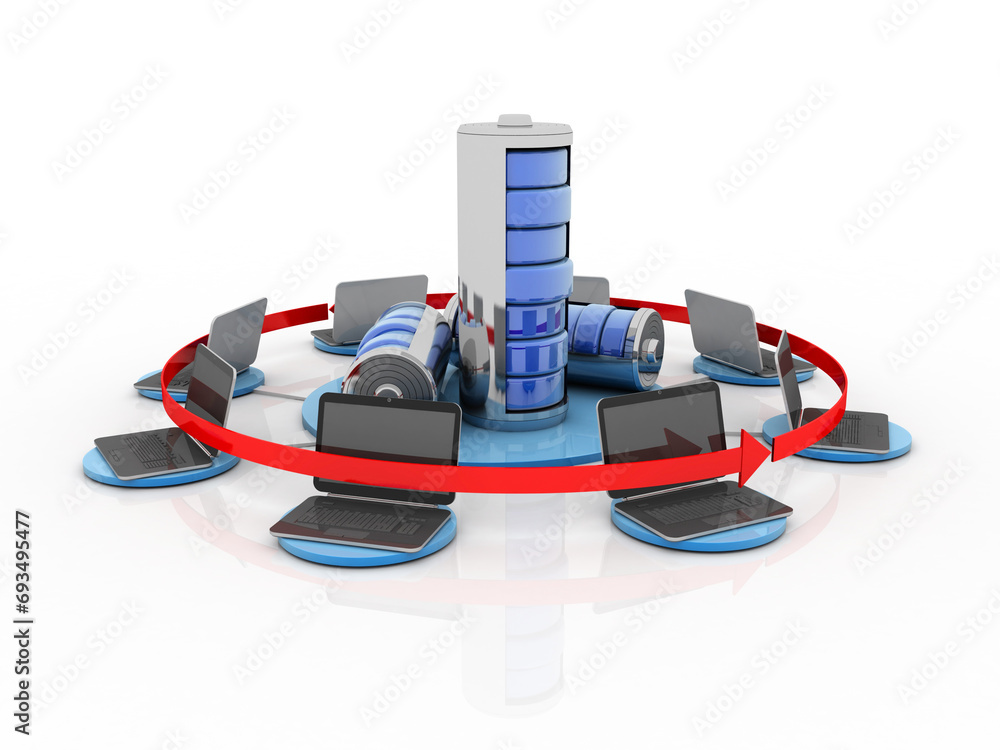 Poster 3d rendering technology computer network with battery
