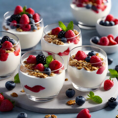 Layer yogurt with granola and fresh berries for a delicious and visually appealing treat.