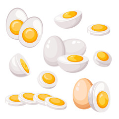 A set of chicken eggs, whole and chopped. Boiled eggs, egg halves, egg cut into pieces. White and yolk. Vector illustration