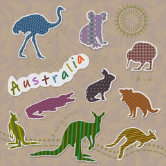Scrapbook elements. Animals from Auistralia, cartoon patchwork elements on beige background. Vector illustration	
