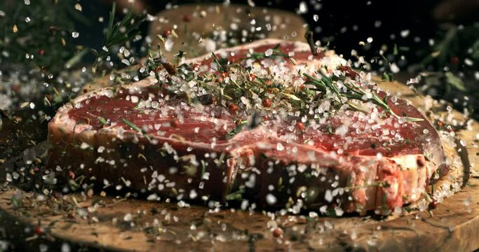Super slow motion macro of mixed herbal spices and salt grains falling on bio juicy beef steak with rosemary before being cooked by chef on rustic wooden chopping board in kitchen of restaurant.