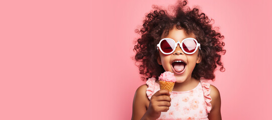 Cute Little Girl Eating an Ice Cream Cone on a Pink Background with Space for. Copy