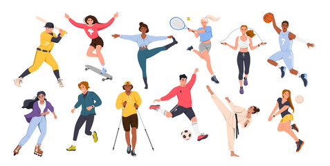 A set with vector characters of athletes. Men and women play sports. Team , game, street sports, martial arts. Vector illustration in the flat style - obrazy, fototapety, plakaty