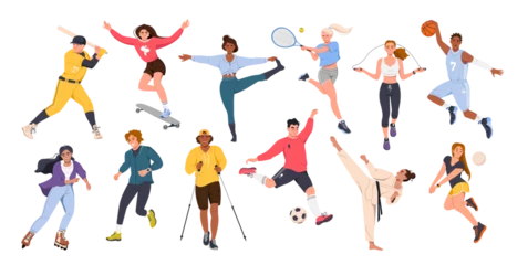 Foto op Plexiglas A set with vector characters of athletes. Men and women play sports. Team , game, street sports, martial arts. Vector illustration in the flat style © lovaisme