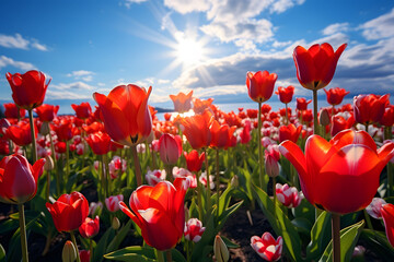 Obraz premium A Dreamy Scene of Red Tulips Blooming Against a Sunset Sky and Distant Sea, Captured with a Wide-Angle Focus Lens in Unreal Engine.