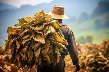 Man is carrying the harvest of tobacco leaves in the harvest season