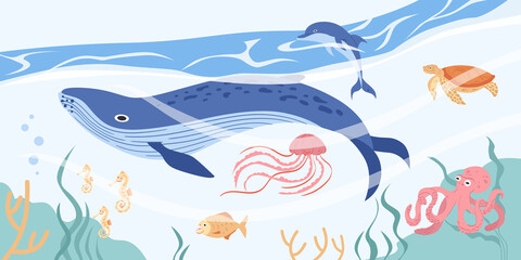 Hand drawn sea animals composition with a whale underwater