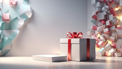 White Gift Box with Red Ribbon and Decoration, for celebration, wedding, using generative ai