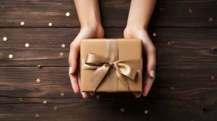 Female hands with neutral manicure holding a hold a gift box in a craft packing paper with a golden bow on a wooden background. Top view. - obrazy, fototapety, plakaty