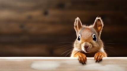 Red squirrel peeking out from behind a wooden board